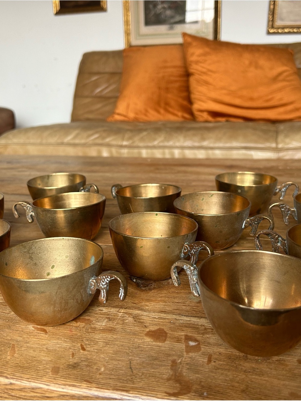 Vintage Brass Tea Cups with hanging curved Handles - Gold